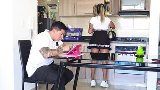 Stepsister looks for her stepbrother's rod under the table! Ends up with her cunt filled with spunk